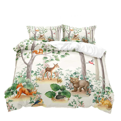 LUVIVIHOME 3PCS Cartoon Woodland Animals Duvet Cover Full, Boys Girls Toddler Kids Bedding, Forest Animal Wildlife Cute Fox Bear Deer Rabbit Rustic Cabin Lodge Quilt Comforter Cover, 2 Pillow Shams