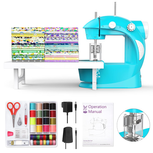 KPCB Sewing Machine [Full Set] with Fabric Bundles, Finger Guard & 42PCS Sewing Kit - Mini Electric Sewing Machine (Blue)