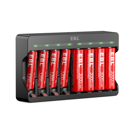 EBL Rechargeable Lithium AA Batteries 3000mWh 4 Count and AAA Lithium ion Batteries 1200mWh 4 Count with 8 Bay Smart Battery Charger for Lithium Rechargeable Batteries