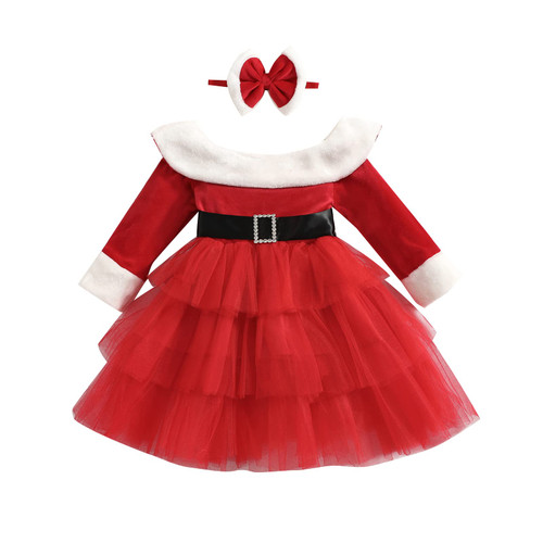 Toddler Baby Girl Christmas Dress Santa Claus Dress Red Velvet Long Sleeve Princess Tulle Dress Headband Outfit (Red Fleece, 3-4 Years)
