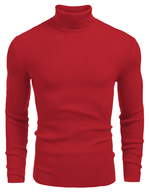 COOFANDY Mens Ribbed Slim Fit Knitted Pullover Turtleneck Sweater Red