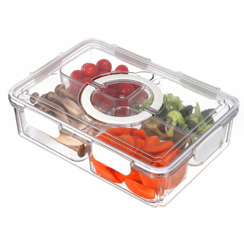 Snackle Box,Fruit Tray, Food Storage Container 4 Compartments Divided Serving Tray with Airtight Lid Leak Proof Snack Tray Platters for Veggie Fruit Snack Candy Fried Food