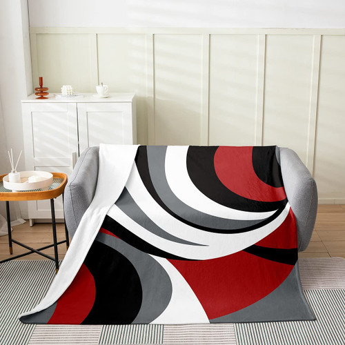 jejeloiu Geometry All Season,Bed Blanket Abstract Art Plush Throw Blanket, Red Black White Grey Fleece Flannel Fuzzy Blanket for Bedroom Decor Modern Line Design Queen 90"x90"