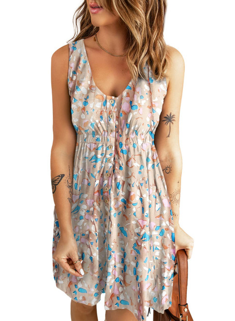 BLENCOT Summer Dresses for Women Casual V Neck Sleeveless Button Down Dress A-Line Swing Short Dresses Khaki M