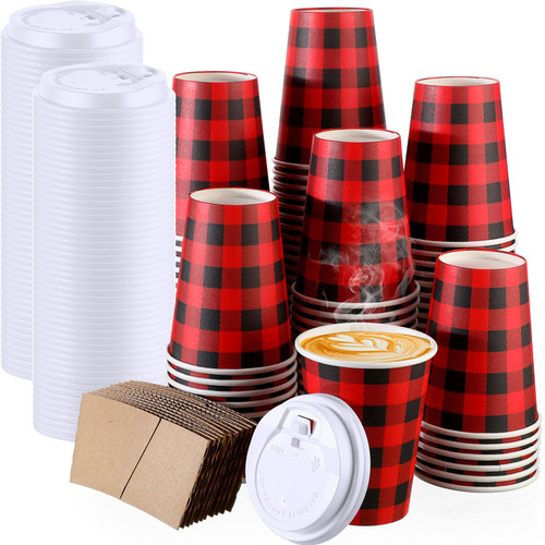 Cunhill 100 Sets 12 Oz Christmas Disposable Coffee Cups with Lids and Sleeves Christmas Paper Cups for Holiday Party Drinks Cold Beverage Hot Cocoa Chocolate Drinking(Plaid)
