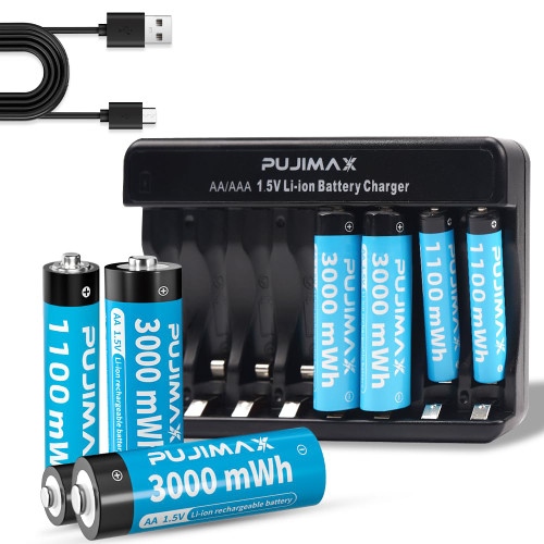 PUJIMAX AA AAA Rechargeable Lithium Batteries with Charger, 1.5v Lithium Rechargeable Battery Combo Set of 4 Packs AA-3000mWh & 4 Packs AAA-1100mWh, 1500 Cycles, 1.5H Fast Charge (8 Packs) PUJIMAX AA AAA Rechargeable Lithium Batteries with Charger, 1.5v Lithium Rechargeable Battery Combo Set of 4 Packs AA-3000mWh & 4 Packs AAA-1100mWh, 1500 Cycles, 1.5H Fast Charge (8 Packs)