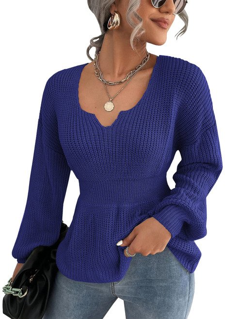 Veatzaer Womens Long Sleeve Shirts V Neck Fall Knit Sweaters Casual Pullover Tops 2023 Blue