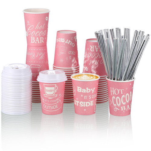 Suttmin 48 Pcs Hot Cocoa Bar Disposable Coffee Cups It's Cold Outside Coffee Paper Cup with Lid and Straw Disposable Coffee Cups Tea Cups for Christmas Baby Shower Party Supplies (Lovely Style, 12oz)