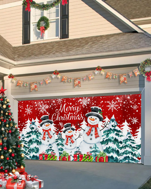 Christmas Garage Door Banner Cover 7 x 8 ft, Merry Christmas Xmas Tree Snowman Winter Snow Red Christmas Garage Door Decorations Holiday Christmas Backdrop Decor for Winter New Year Xmas Party