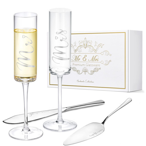 ROXBURGH Wedding Cake Knife and Server Set, Silver Mr and Mrs Bride and Groom Champagne Flutes with Giftable Box, Wedding Toasting Glasses, Cake Cutting Set for Wedding Engagement Gifts