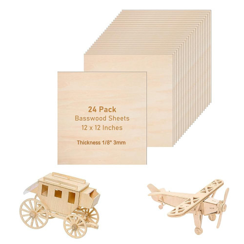 Basswood Sheets 1/8 x 12 x 12 Inch, 3mm Basswood for Laser Cutting, 3mm Plywood Sheets - 24Pcs Wood Panel Craft Wood Board for Crafts DIY, Wood Burning, Painting, Model Carving Basswood Sheets 1/8 x 12 x 12 Inch, 3mm Basswood for Laser Cutting, 3mm Plywood Sheets - 24Pcs Wood Panel Craft Wood Board for Crafts DIY, Wood Burning, Painting, Model Carving