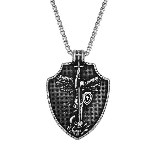 Raymard Mens St Michael Archangel Sword and Shield Necklace, Stainless Steel Pendant Necklace for Men?24" Rolo Chain St Michael Jewelry-Shield
