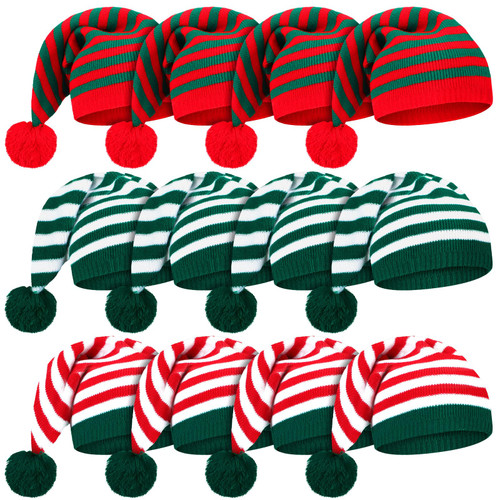 Ramede 12 Pcs Christmas Knitted Elf Hats Santa Hat for Adults Kids Xmas Beanie Striped Winter Hats Skull Cap with Pompom Bulk Warm Crochet Caps for Women Men Christmas Costume
