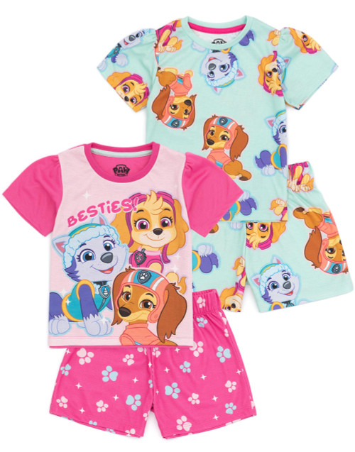 Paw Patrol Girls 2 Pack Pyjama Set | Kids Pink & Blue Short Sleeve T-Shirt & Shorts Nightwear | Skye Everest Liberty PJs