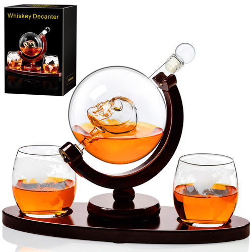 PARACITY Skull Whiskey Decanter Sets for Men, Whiskey Decanter Set with Glasses & Wooden Base, Whiskey Gifts for Bourbon, Liquor, Vodka, Christmas Whiskey Gifts for Men, 850ml/29oz Skull Decanter