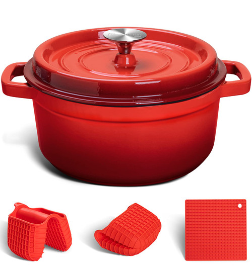 MICHELANGELO Dutch Oven Cast Iron, Enameled Cast Iron Dutch Oven with Lid, 3 Qt Dutch Oven Pot with Lid, Enamel Dutch Oven Set with Silicone Accessories, Red