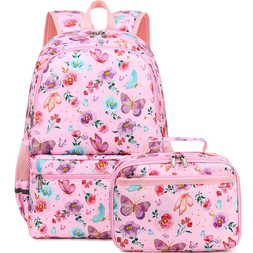 DSIUE Kids Backpack for Girls Elementary BookBags Teens Middle School Backpack with Lunch Box Butterfly Pink