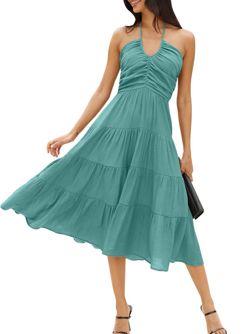 DEEP SELF Women's Summer Midi Dress Sleevelesss Halter V Neck Ruffle Tiered Swing Flowy A Line Beach Long Dresses Light Blue