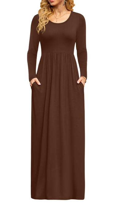 DB MOON 2023 Women Casual Fall Long Sleeve Maxi Dresses Empire Waist Long Dress with Pockets Brown 02 L DB MOON 2023 Women Casual Fall Long Sleeve Maxi Dresses Empire Waist Long Dress with Pockets Brown 02 L