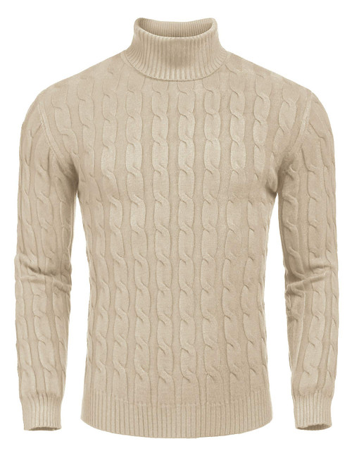 COOFANDY Men's Slim Fit Turtleneck Sweater Casual Twisted Knitted Pullover Sweaters (Large, Light Khaki)