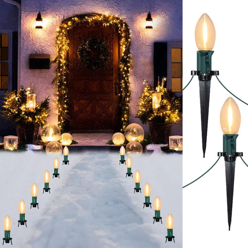 C9 Christmas String Lights Outdoor - 38FT Marker Stake Lights with 25 Clear LED Bulbs and 25 Stakes, Connectable Christmas Walkway Lights for Yard Garden Lawn Sidewalk, Warm White