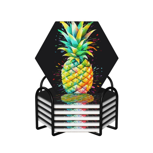 Color Pineapple Printed Coasters for Drinks Set of 6 with Holder Ceramic Coasters with Cork Base Coffee Cup Beverage Coasters Heat and Scratch Resistance Wine Beer Bar Coasters