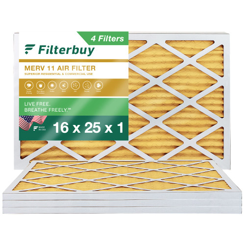 Filterbuy 16x25x1 Air Filter MERV 11 Allergen Defense (4-Pack), Pleated HVAC AC Furnace Air Filters Replacement (Actual Size: 15.50 x 24.50 x 0.75 Inches)