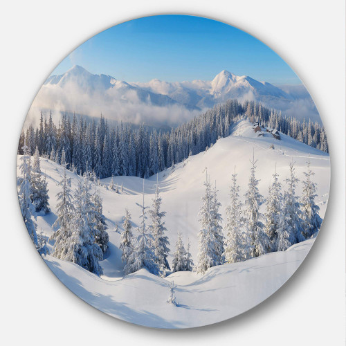 Designart Winter Mountains Panorama Photography Metal Artwork-Disc of 23 inch, 23'' H x 23'' W x 1'' D 1P, White/Blue Designart Winter Mountains Panorama Photography Metal Artwork-Disc of 23 inch, 23'' H x 23'' W x 1'' D 1P, White/Blue
