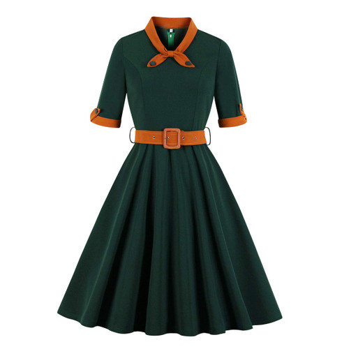 1950s Dresses for Women 50s Style Audrey Hepburn Vintage 1940s Rockabilly Retro Short Sleeve Tie Summer A Line Swing Midi Skater Dress Cocktail Party Evening Prom Gown Plus Size Green L