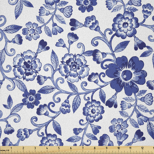 Lunarable Floral Fabric by The Yard, Swirl Flower Pattern Folk Russian Folk Cultural Petals Ornamental Image, Microfiber Fabric for Arts and Crafts Textiles & Decor, 3 Yards, White Blue