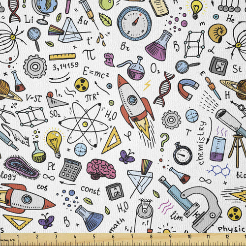 Ambesonne Educational Fabric by The Yard, Science School Pattern Formulas Laboratory Elements Physics Mathematics, Stretch Knit Fabric for Clothing Sewing and Arts Crafts, 3 Yards, White Grey