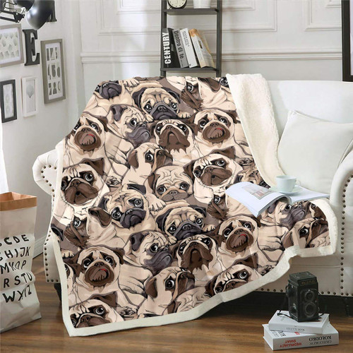 Feelyou Kids Cute Dog Fleece Blanket Cartoon Pug Dog Sherpa Throw Blanket for Sofa Couch Brown Animal Theme Plush Blanket Pet Puppy Pattern Fuzzy Blanket Room Decor Flannel Blanket Twin 60"x80"