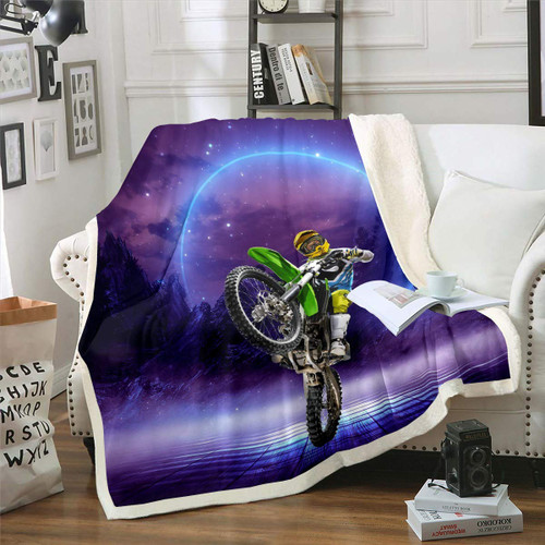 Dirt Bike Plush Blanket Motocross Rider Fleece Throw Blanket Starry Sky Sherpa Blanket for Sofa Couch Bed Cool Motorcycle Extreme Sport Fuzzy Blanket Bright Room Decor Twin 60"x80"