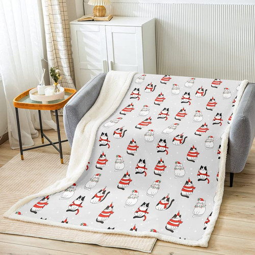 Feelyou Xmas Theme Cute Cat Sherpa Blanket Room Decor Cats Printed Fuzzy Blanket Kawaii Kitten Fleece Throw Blanket for Bed Sofa Couch Christmas Lights New Year Plush Blanket Twin 60"x80" Red White