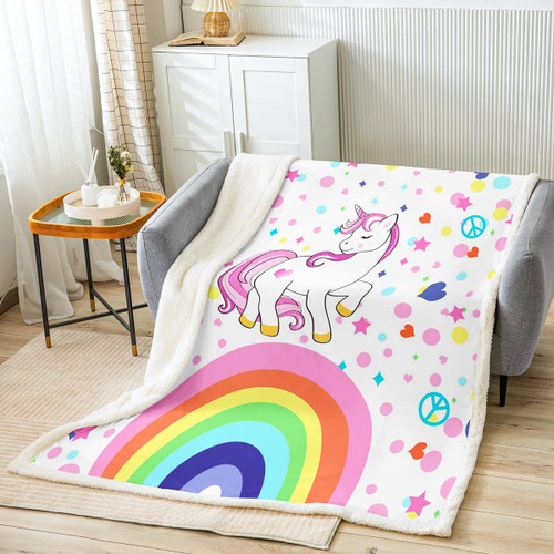 Girls Cute Unicorn Sherpa Blanket Cartoon Rainbow Unicorn Plush Blanket Pink Unicorn Fleece Throw Blanket Magical Unicorn Fuzzy Blanket Fairy Dreamy Horse Room Decor Twin 60"x80"