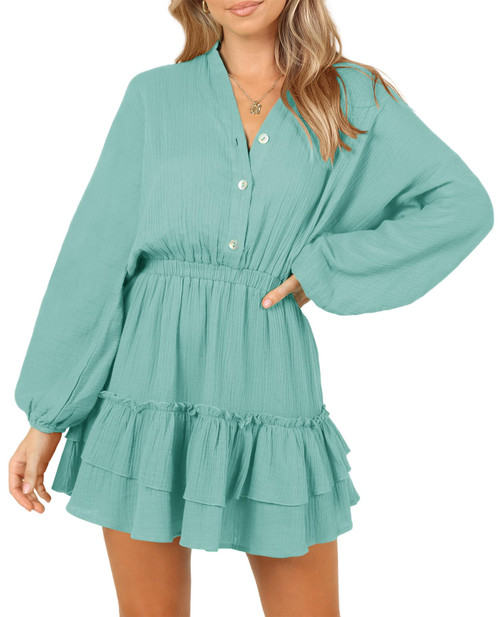 YOVION Women's Casual Short Dress V Neck Puff Long Sleeve Elastic Waist Ruffle Tiered A-Line Mini Dresses (Sage Green, XL)