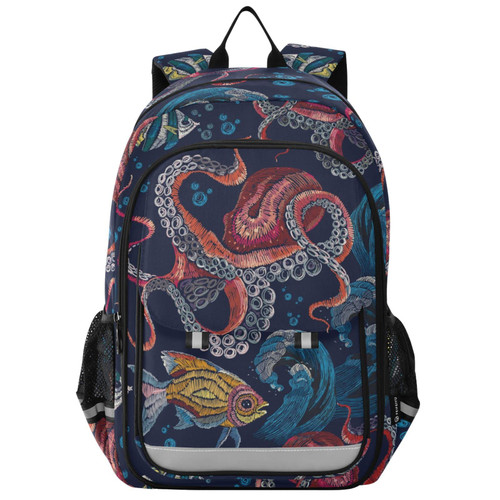 Vnurnrn Kids Backpack Octopus Sea Waves and Fish Print Big Storage Multi Pockets 17.7 IN School Backpack with Chest Buckle Reflective Strip for Boys Girls 6+ years in Primary Middle High School