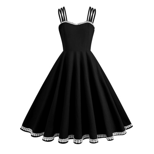 1950s Spaghetti Strap Dress Short 1950s Retro Vintage Cocktail Party Swing Dresses Sleeveless Sweetheart 50s Style Dresses for Women Audrey Hepburn Dress Flare A Line Rockabilly Dresses Black-Cami XL