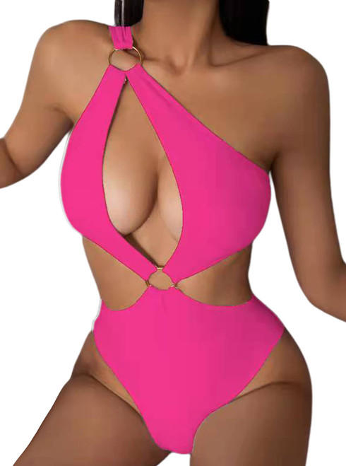 Hilinker Women's Sexy Ring Front Cut Out One Piece Swimsuit One Shoulder Bathing Suit HotPink Large