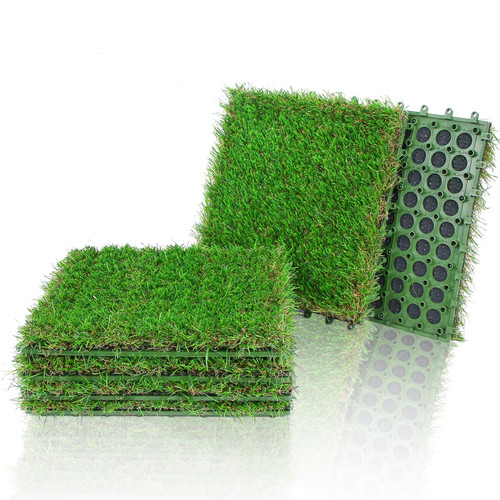 GLOBREEN Interlocking Artificial Grass Tiles 6 Pack, 12" x 12" Squares Fake Turf Grass Tiles Self-Draining for Deck, Patio, Dogs, Balcony, Backyard, Indoor Outdoor Flooring Decor