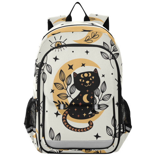 Glaphy Magic Black Cat Moon Boho School Backpack Lightweight Laptop Backpack Student Travel Daypack with Reflective Stripes