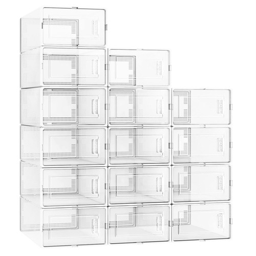 Fixwal Shoe Boxes Clear Plastic Stackable 15 Pack, Large Capacity Shoe Organizer Storage Boxes Foldable Shoe Storage Containers Shoe Storage Bins for Closet, Space Saving