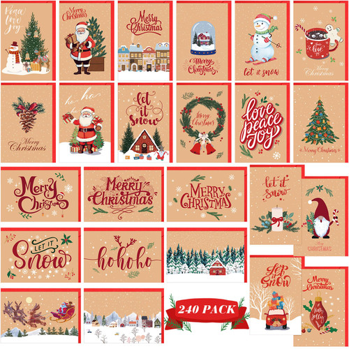 Crtiin 240 Pack Kraft Merry Christmas Greeting Cards with Envelopes, Christmas Cards Bulk, Rustic Christmas Cards, Assorted Greeting Cards for Gift Box Holiday Christmas Party Favor Supplies