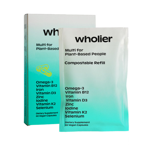 wholier -Plant-Based Vegan Multivitamin Omega 3 DHA + EPA, Vitamin D, Vitamin B12, Zinc, Vitamin K2, Iron, Iodine, Selenium. 60 Count (30-Day Supply) (Compostable Refill) wholier -Plant-Based Vegan Multivitamin Omega 3 DHA + EPA, Vitamin D, Vitamin B12, Zinc, Vitamin K2, Iron, Iodine, Selenium. 60 Count (30-Day Supply) (Compostable Refill)
