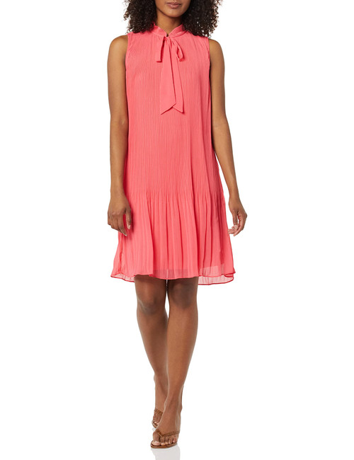 DKNY Women's Sleeveless Tie Neck Pleated Dress, Melon, 16