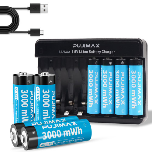 PUJIMAX Rechargeable Lithium AA Batteries with Charger, 1.5v AA Li-ion Rechargeable Battery of 3000mWh, 1500 Cycles, 1.5H Fast Charge, 8 Packs for Household & Office PUJIMAX Rechargeable Lithium AA Batteries with Charger, 1.5v AA Li-ion Rechargeable Battery of 3000mWh, 1500 Cycles, 1.5H Fast Charge, 8 Packs for Household & Office