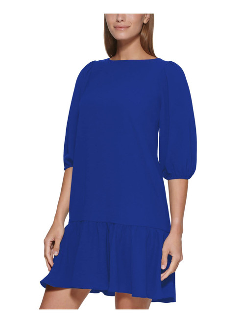 DKNY Womens Blue Textured Zippered Ruffled Hem Elbow Sleeve Jewel Neck Above The Knee Cocktail Shift Dress 16