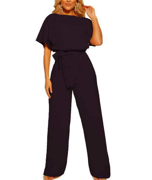 VENDAU Jumpsuits for Women Dressy Romper Pants Suits Rompers Pantsuit Jumper for Women One Piece Outfit Loose Wide Leg Casual (Black, L-)