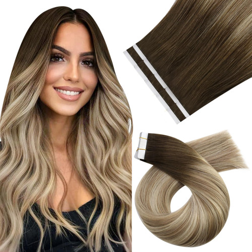 Moresoo Tape in Hair Extensions Blonde Human Tape in Extensions Balayage Brown to Light Brown with Blonde Hair Tape in Extensions Ombre Human Hair 22 Inch #3/8/22 10pcs 25g