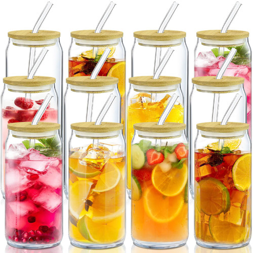 AiHeart Glass Cups with Lids and Straws 12pcs set,20 oz Drinking Glasses,Beer Can Shaped Glasses,Iced Coffee GlassCup,Cute Tumbler,Beer Cup for Cocktail,Whiskey